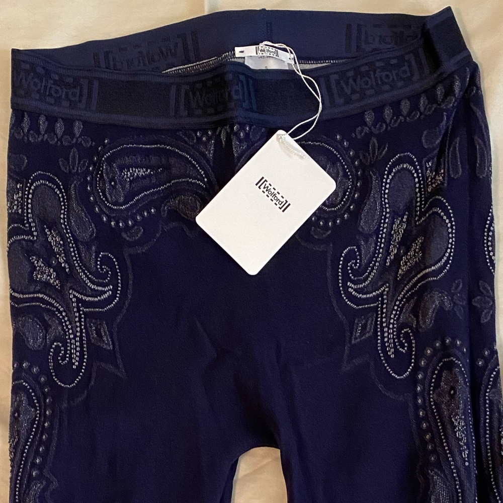 WOLFORD OM PAISLEY LACE LEGGINGS NAVY BLUE